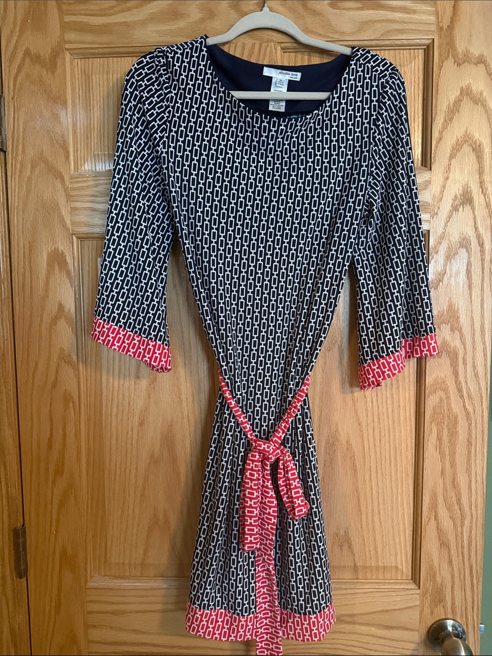 Studio One Navy Geo-Print Midi Dress with Coral Trim